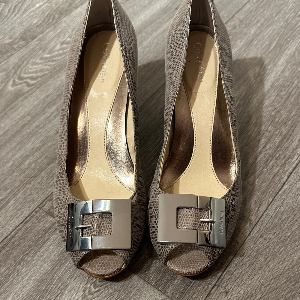 Calvin Klein Taupe Peep Toe Heels with Silver Buckle